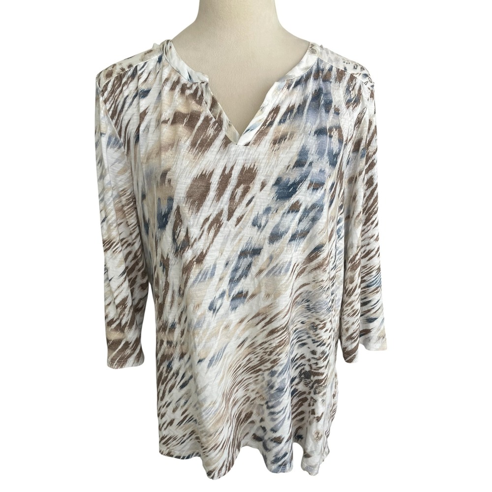Chico's Top XL Cotton Blend Neutral Animal-Print‎ V-Neck Resort Wear Coastal